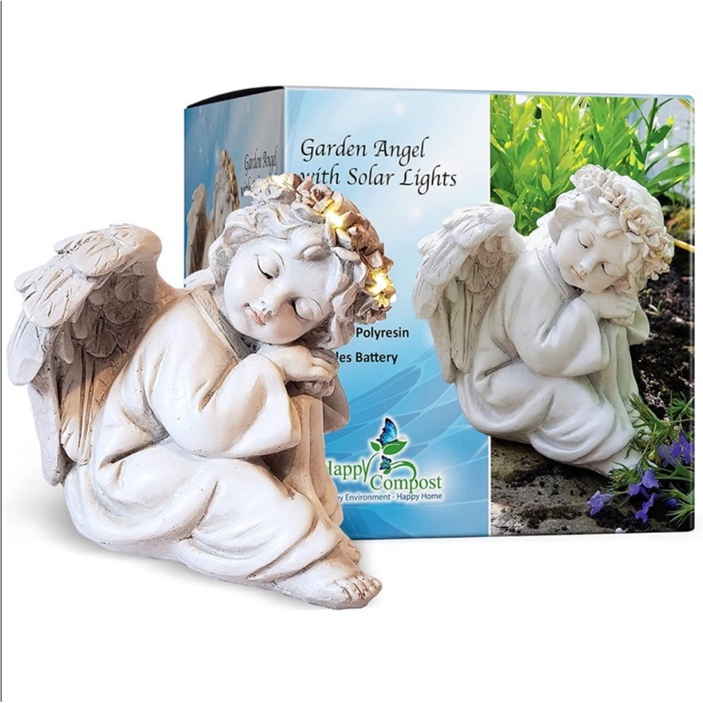 NEW Happy Compost Garden Angel Cherub Statue Figurines Solar Light Halo Set of 2